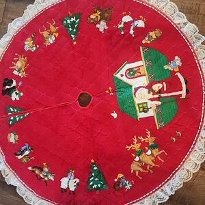 Vintage Red Christmas Tree Skirt with Lace